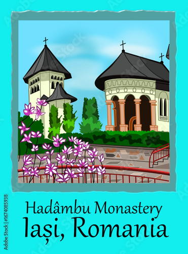 CIMAHI, INDONESIA-August 25, 2025- Card of Hadambu Monastery, Lasi Romania. Vector graphic design cartoon building illustration for collection, poster, sticker, and other.