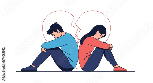 Couple sitting back to back with broken heart symbol above them illustrating relationship problems