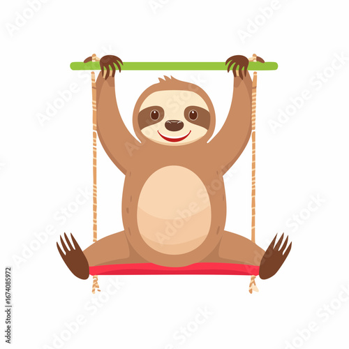 Cartoon illustration of a happy brown sloth hanging on a swing with a green bar and red seat.