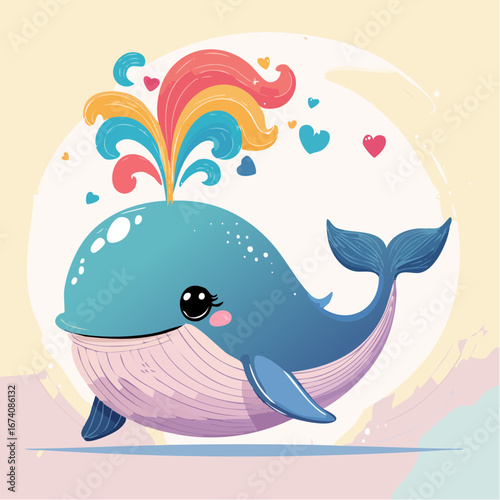 Cute cartoon whale with colorful rainbow tail fin and hearts.
