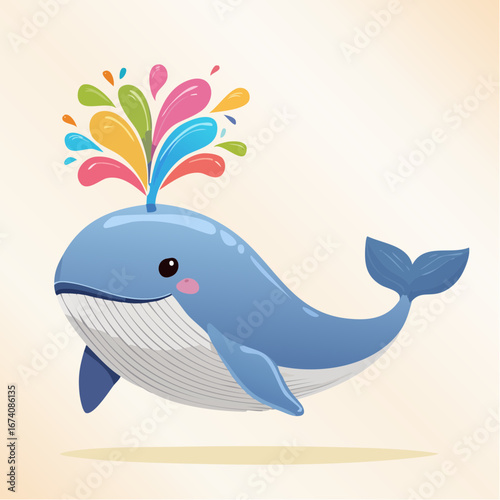 Cute cartoon whale with colorful splashes erupting from its head.
