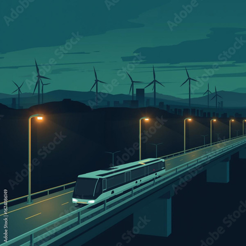 Bus on elevated highway with wind turbines at night
