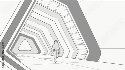 Futuristic Interior with Figure Walking Down the Hall.
