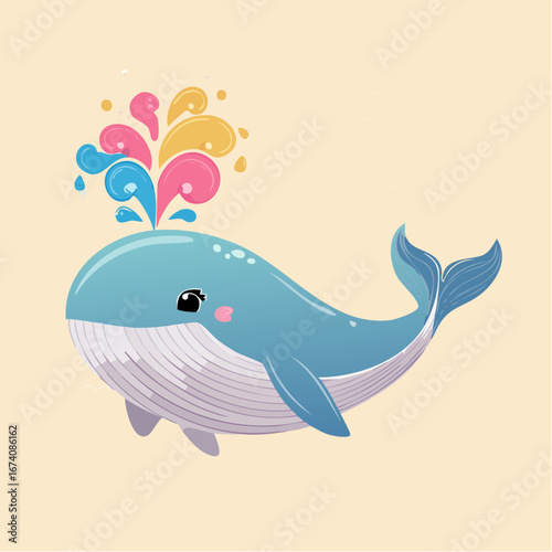 Cute cartoon whale with colorful water spray, playful design.