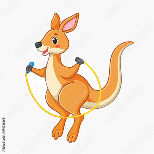 A happy cartoon kangaroo is actively jumping rope, engaging in a fun exercise activity.