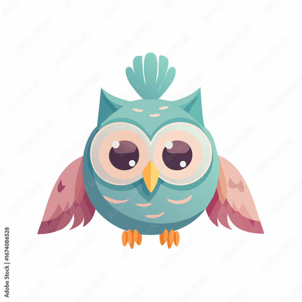 Fototapeta premium A charming cartoon owl, with large eyes and outstretched wings, isolated on white background.