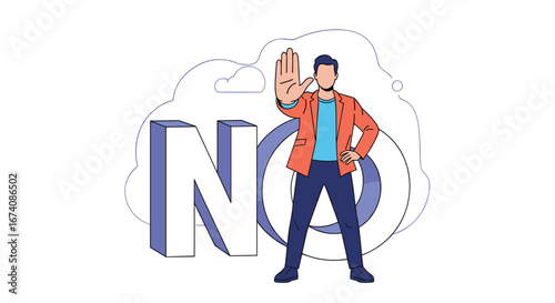 Stop gesture man saying no with big letters in background isolated on white