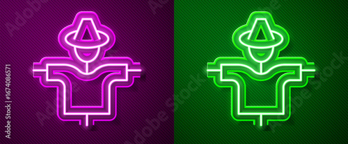 Glowing neon line Scarecrow icon isolated on purple and green background. Vector