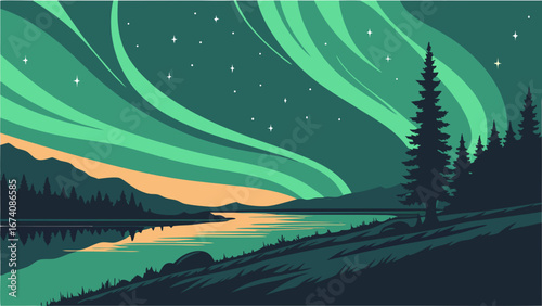 Northern Lights Landscape at Night.