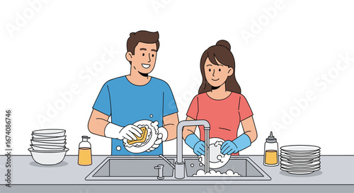 A couple washes dishes together in a sink demonstrating domestic chores and teamwork in household tasks