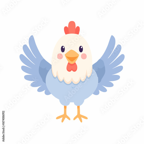 Cheerful cartoon hen with wings outstretched, light blue plumage, and rosy comb.