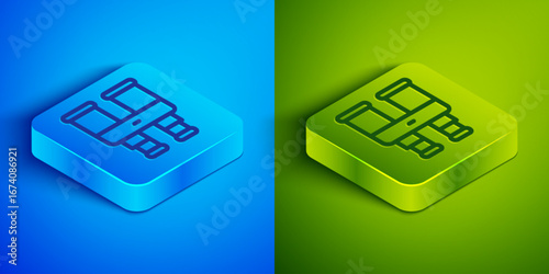 Isometric line Binoculars icon isolated on blue and green background. Find software sign. Spy equipment symbol. Square button. Vector