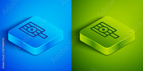 Isometric line Spray can nozzle cap icon isolated on blue and green background. Square button. Vector