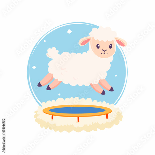 Cute cartoon sheep jumping on a bouncy trampoline, whimsical illustration.