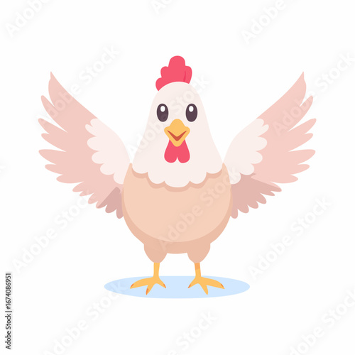 Cute cartoon chicken with outstretched wings, cheerful expression, and simple design.