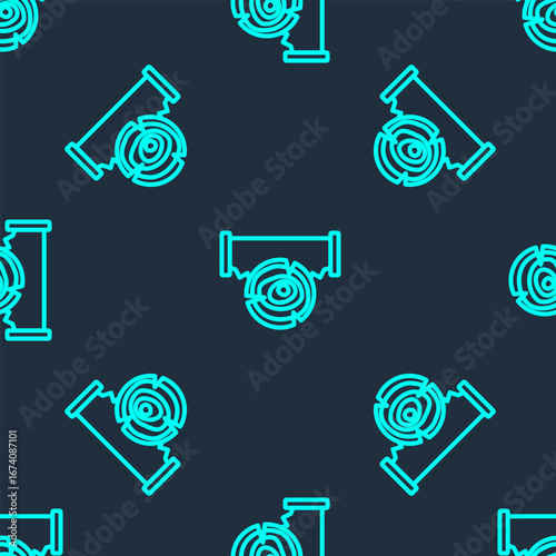 Green line Two-handed saw and log icon isolated seamless pattern on blue background. Vector