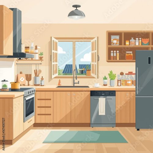Modern kitchen with open window and solar panels view