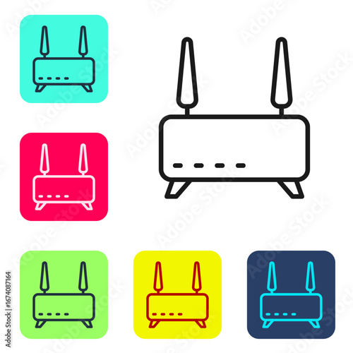 Black line Router and wi-fi signal icon isolated on white background. Wireless ethernet modem router. Computer technology internet. Set icons in color square buttons. Vector