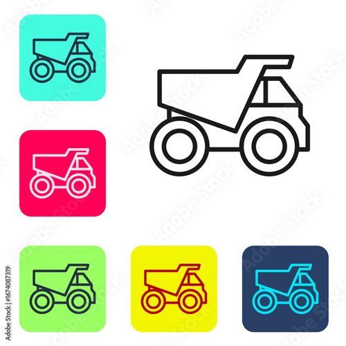 Black line Mining dump truck icon isolated on white background. Set icons in color square buttons. Vector