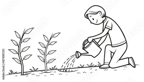 A single stick figure kneeling and watering a row of small seedlings, which now have visible roots extending into the soil. The seedlings are upright and healthy, with tiny leaves sprouting. The figur