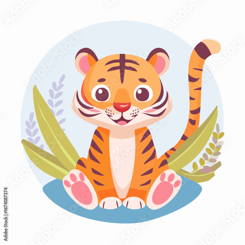 Adorable cartoon tiger cub sitting amidst lush green foliage, cheerful expression.