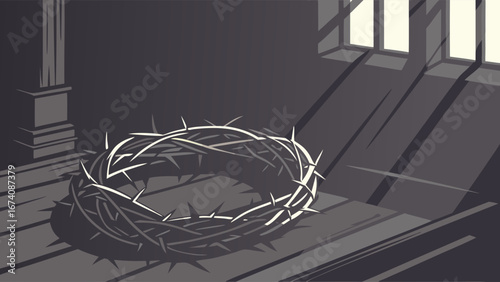 Crown of Thorns Religious Symbol Spiritual Art Easter Lent Holy Week Suffering Sacrifice Faith Belief Christianity Biblical Illustration Dark Background Light and Shadow Graphic Design Vector Illustr.