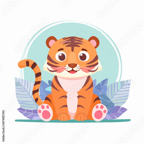 Adorable cartoon tiger cub sitting amidst stylized leaves.