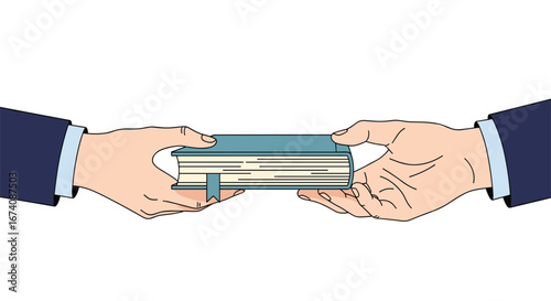 Two hands carefully passing a book between them illustrating the transfer of knowledge and information