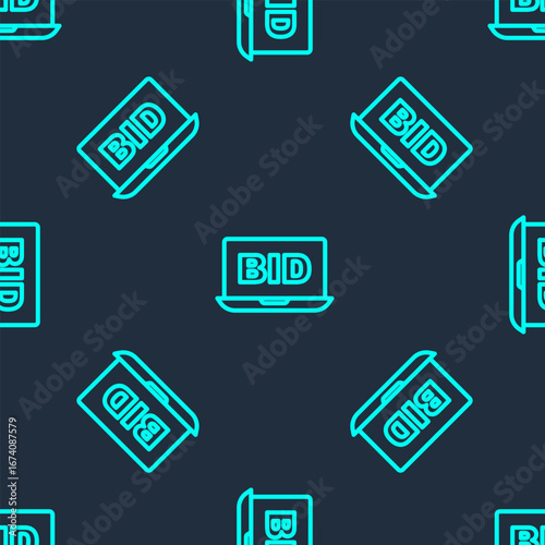 Green line Online auction icon isolated seamless pattern on blue background. Bid sign. Auction bidding. Sale and buyers. Vector