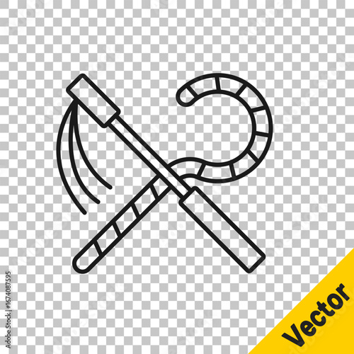 Black line Crook and flail icon isolated on transparent background. Ancient Egypt symbol. Scepters of egypt. Vector