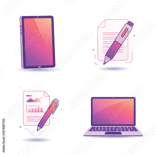 Vector futuristic office icons, a digital tablet, stylus pen, holographic document, and smart laptop, display vibrant glowing gradient colors, isolated on a pristine white background.