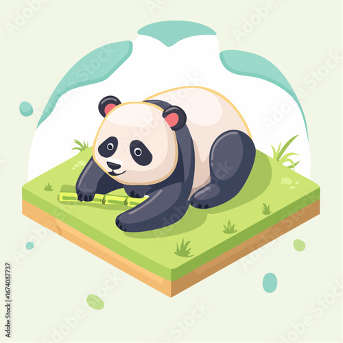 A cute cartoon panda bear lying on a grassy isometric platform, holding and eating bamboo stalks.