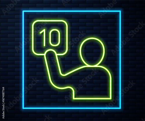 Glowing neon line Assessment of judges icon isolated on brick wall background. Vector