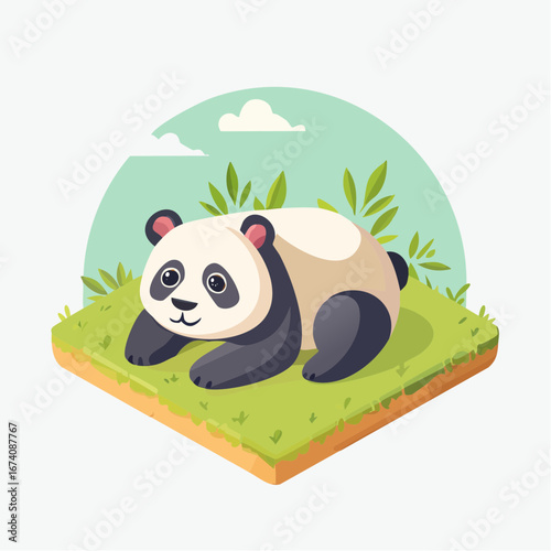 A charming cartoon illustration of a friendly giant panda resting peacefully on a grassy, isometric island surrounded by lush green foliage and a soft blue sky.