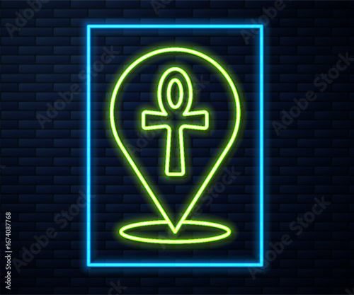 Glowing neon line Cross ankh icon isolated on brick wall background. Egyptian word for life or symbol of immortality. Vector
