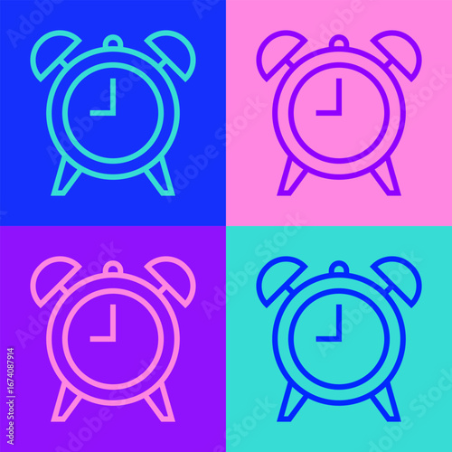 Pop art line Alarm clock icon isolated on color background. Wake up, get up concept. Time sign. Vector