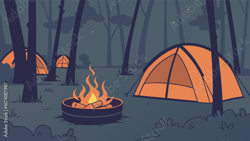 Night Camping Scene in a Forest.