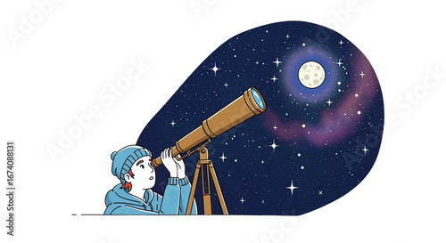 Woman Observes Stars Through a Pixelated Telescope Under Night Sky with Nebula and Transparent Background in Digital Pixel Art
