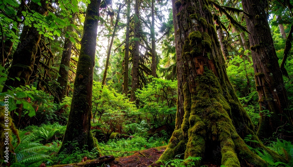 Fototapeta premium Lush forest canopy, sunlight filtering through trees
