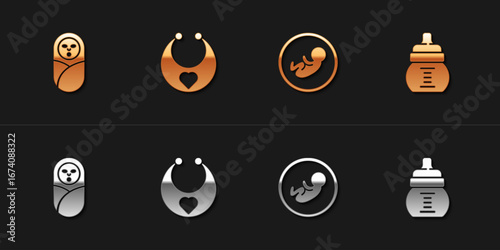 Set Newborn baby infant swaddled, Baby bib, and bottle icon. Vector