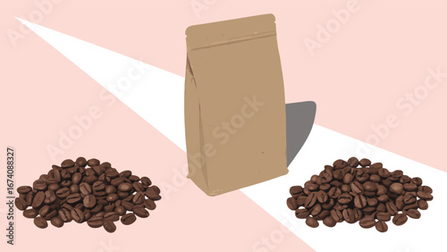 Roasted Coffee Beans in Kraft Paper Bag Coffee Packaging Cafe Design Element.
