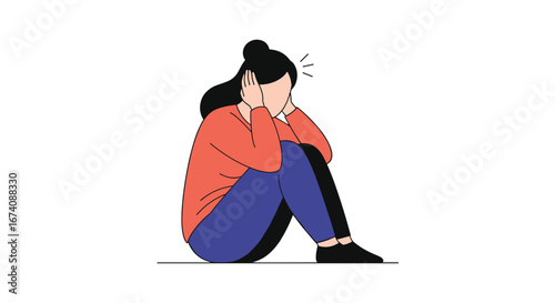Depressed person sitting alone and crying feeling sadness and loneliness overwhelmed by emotions and despair with hands covering face
