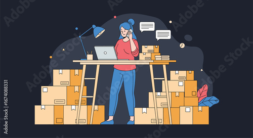 Woman working at a desk surrounded by many boxes with a laptop and lamp illustration