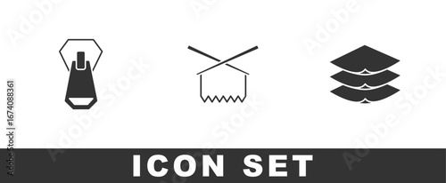Set Zipper, Knitting needles and Layers clothing textile icon. Vector