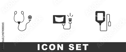 Set Stethoscope, Ultrasound and IV bag icon. Vector