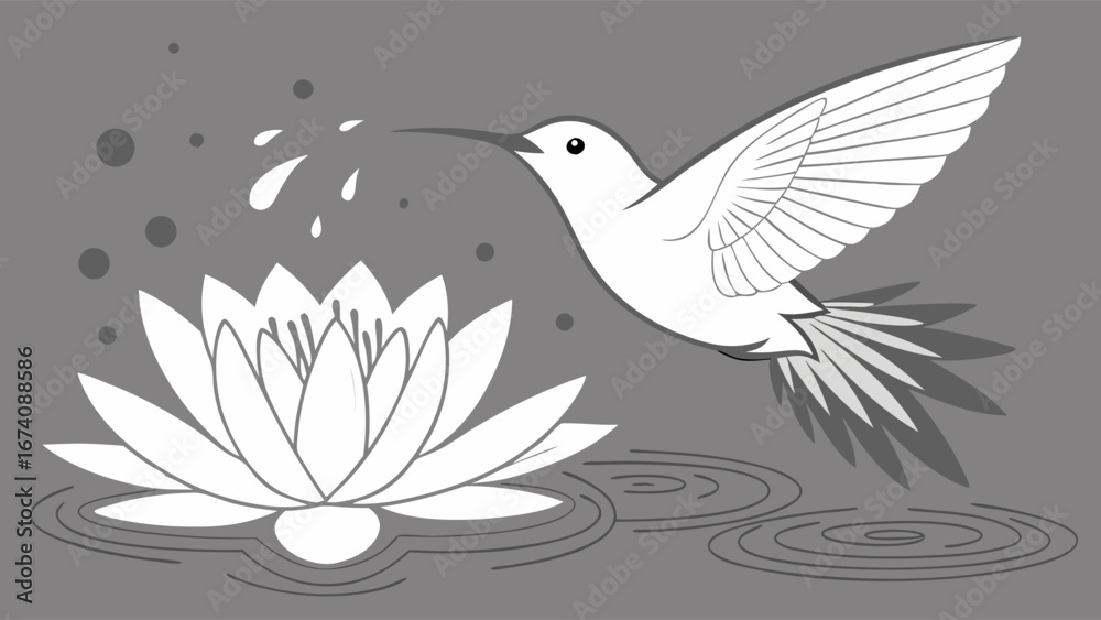 Fototapeta premium Hummingbird feeding from a water lily monochrome nature illustration elegant design vector art bird and flower graphic serene wildlife scene.