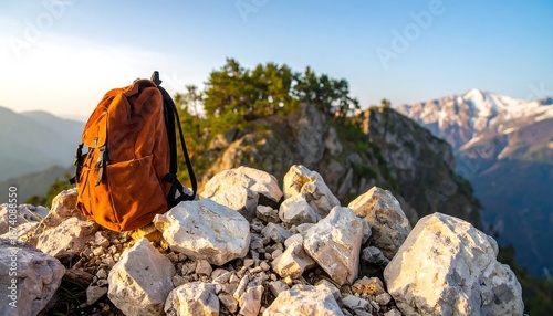 Hiking backpack on mountain peak