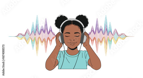 Young girl enjoying music with headphones and vibrant sound waves graphic display
