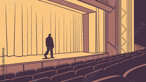Illustration of a single person walking on stage in an empty auditorium.