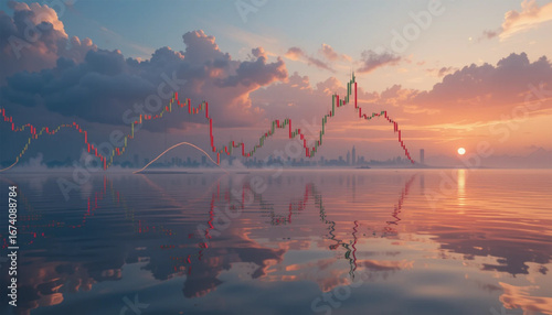 trading chart on the reflected water